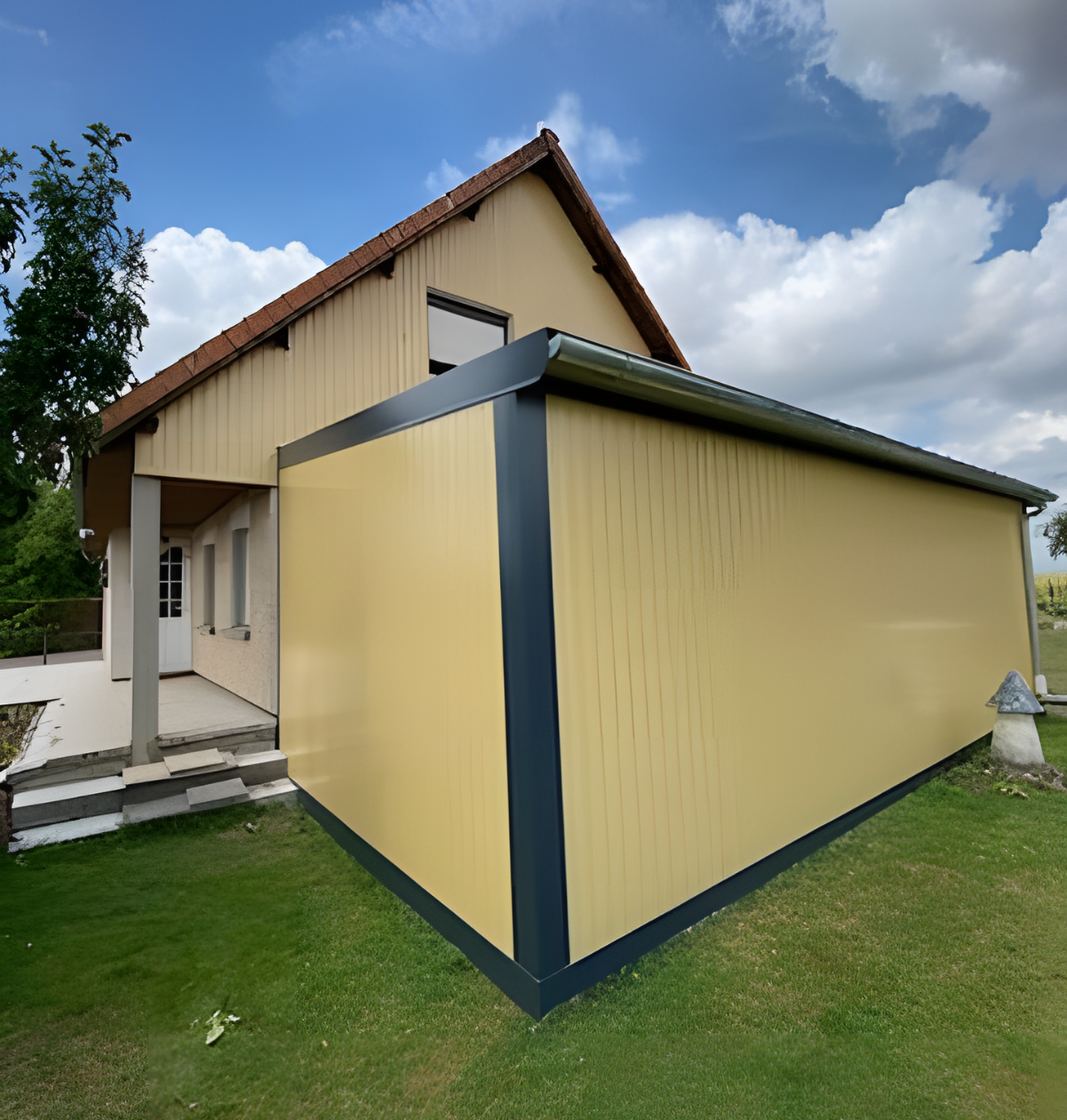 L'arrière d'un garage fait en panneaux sandwich de bardage avec pliages de finition